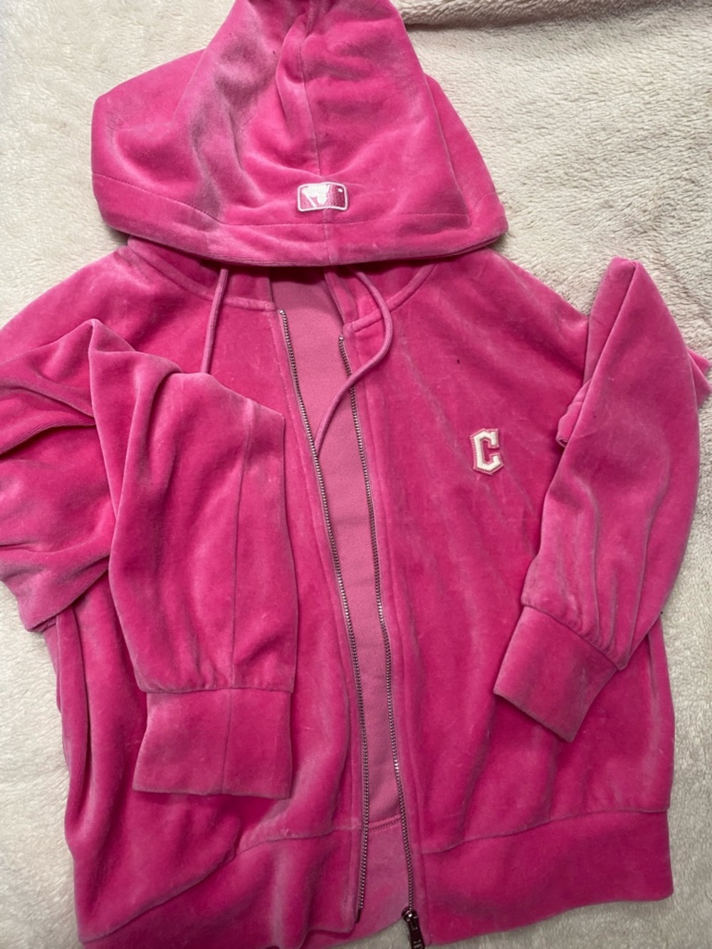 BUNDLE Pink Velour Zip-Up Hoodie with 'C' Patch and Matching Pink Velour Pants